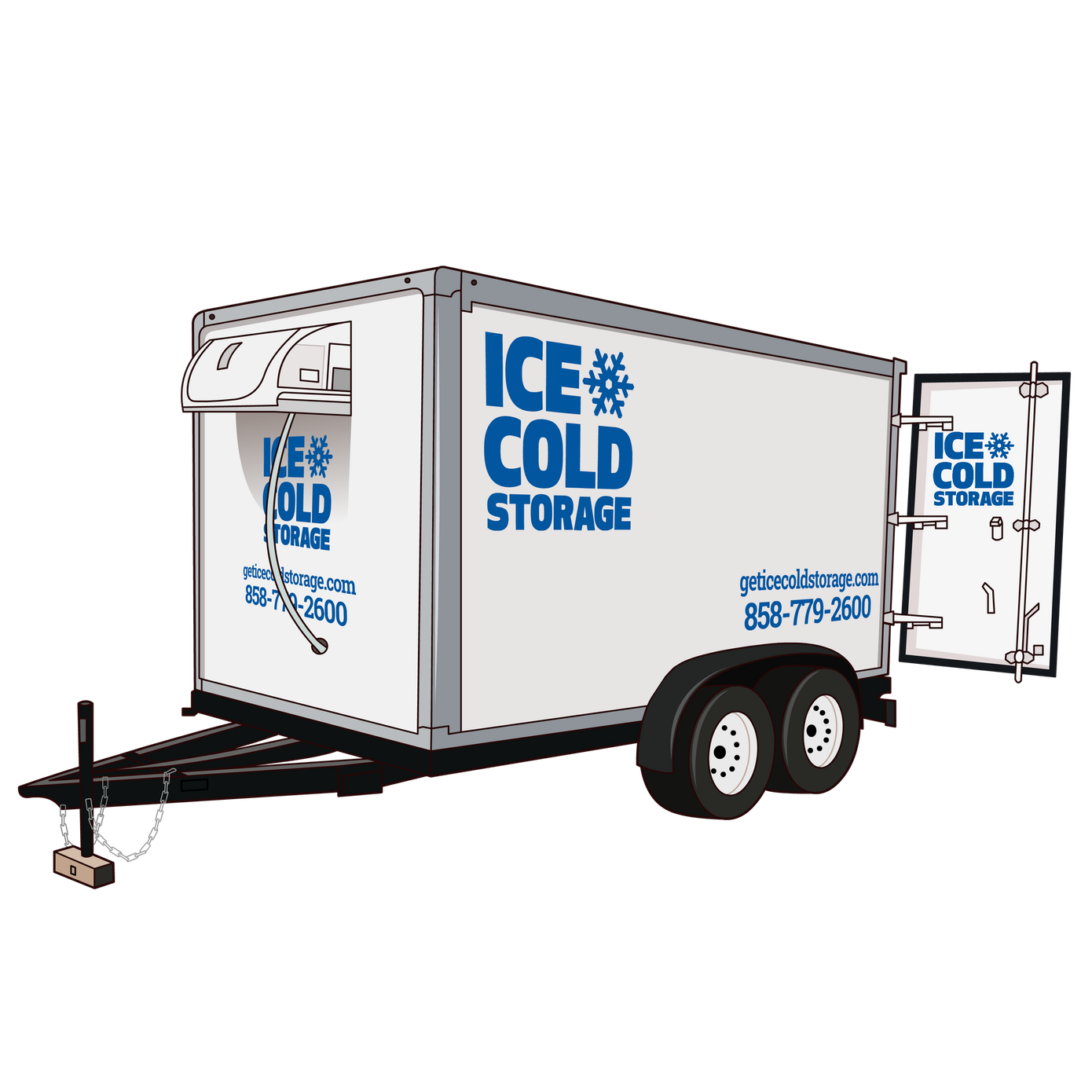 A white trailer with the words ice cold storage on it