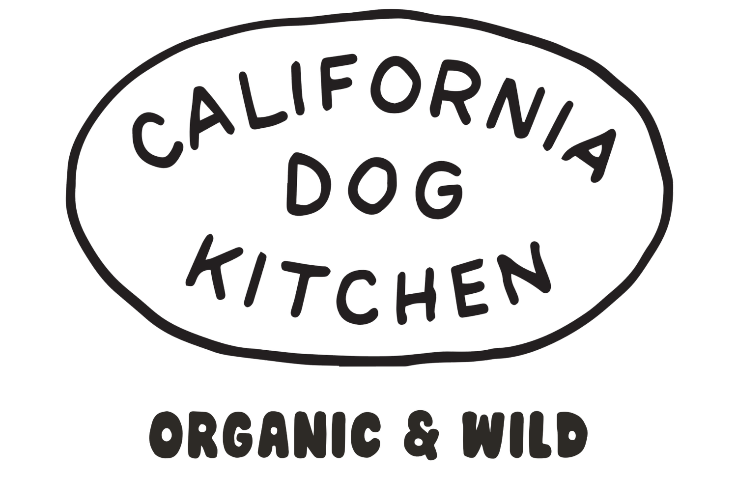 The california dog kitchen logo is black and white and says organic and wild.