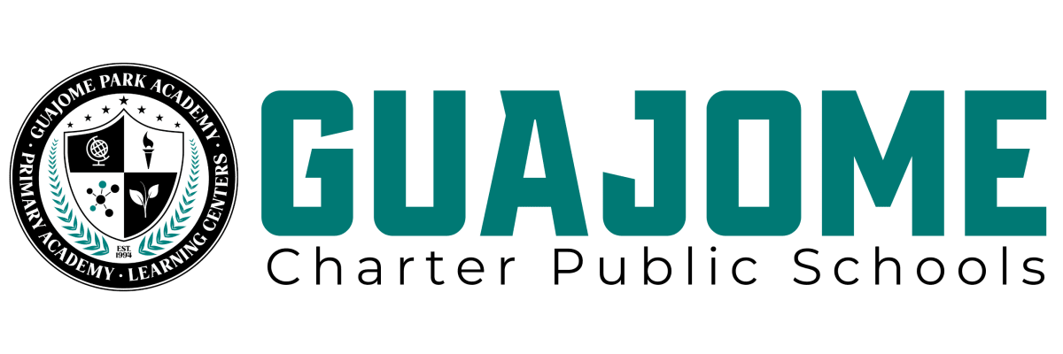 The logo for guajome charter public schools is blue and white