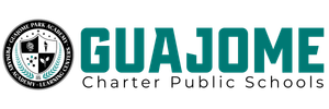 Logo for Guajome Charter Public Schools featuring a circular crest next to the teal text "GUAJOME Charter Public Schools".