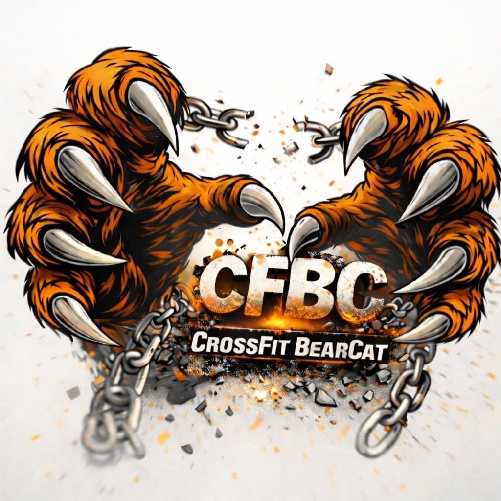 A bear's furry paws breaking through metal chains, surrounding the text "CFBC CrossFit BearCat" on a gritty background.