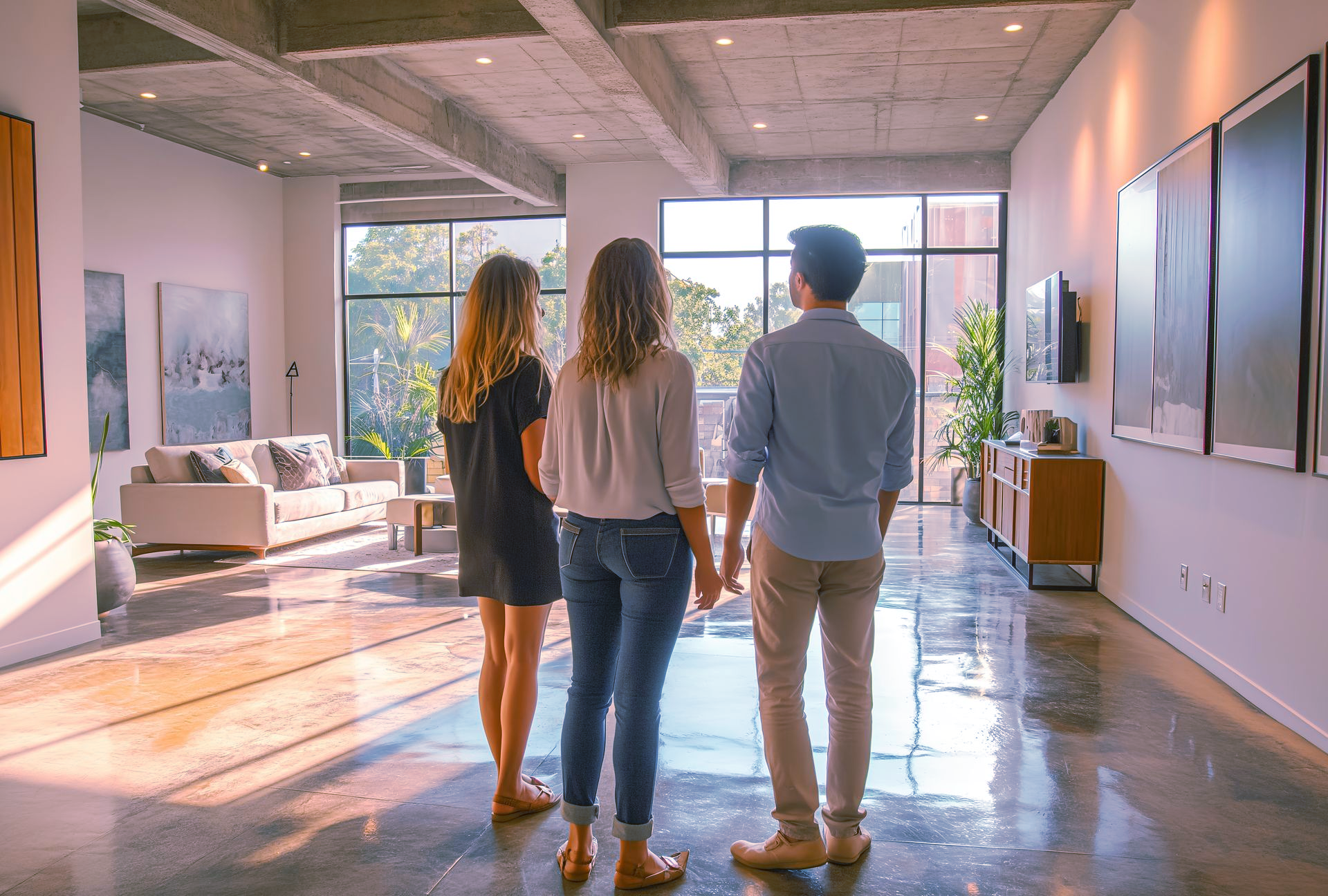 Spacieux salon blanc avec cheminée, mobilier moderne et vue depuis un balcon.