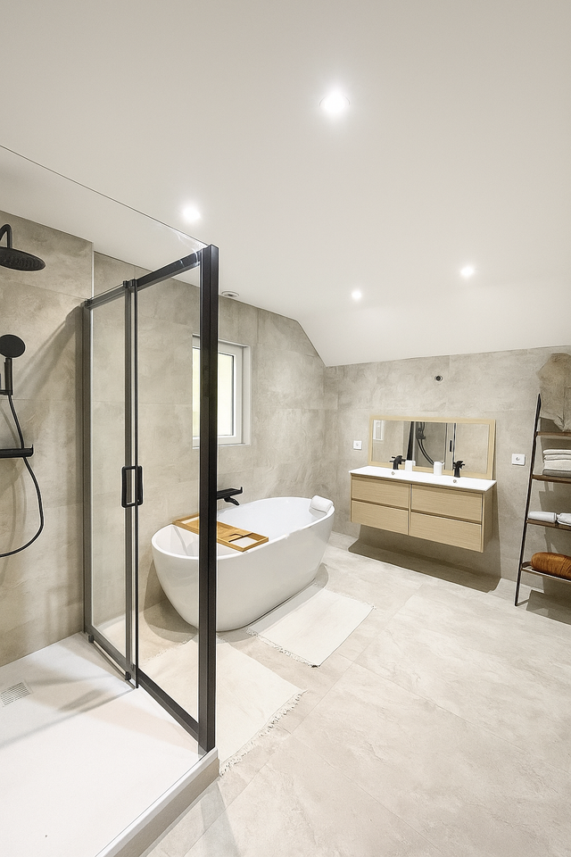 Salle de bains moderne avec baignoire îlot, douche en verre, meuble-lavabo en bois et porte-serviettes.
