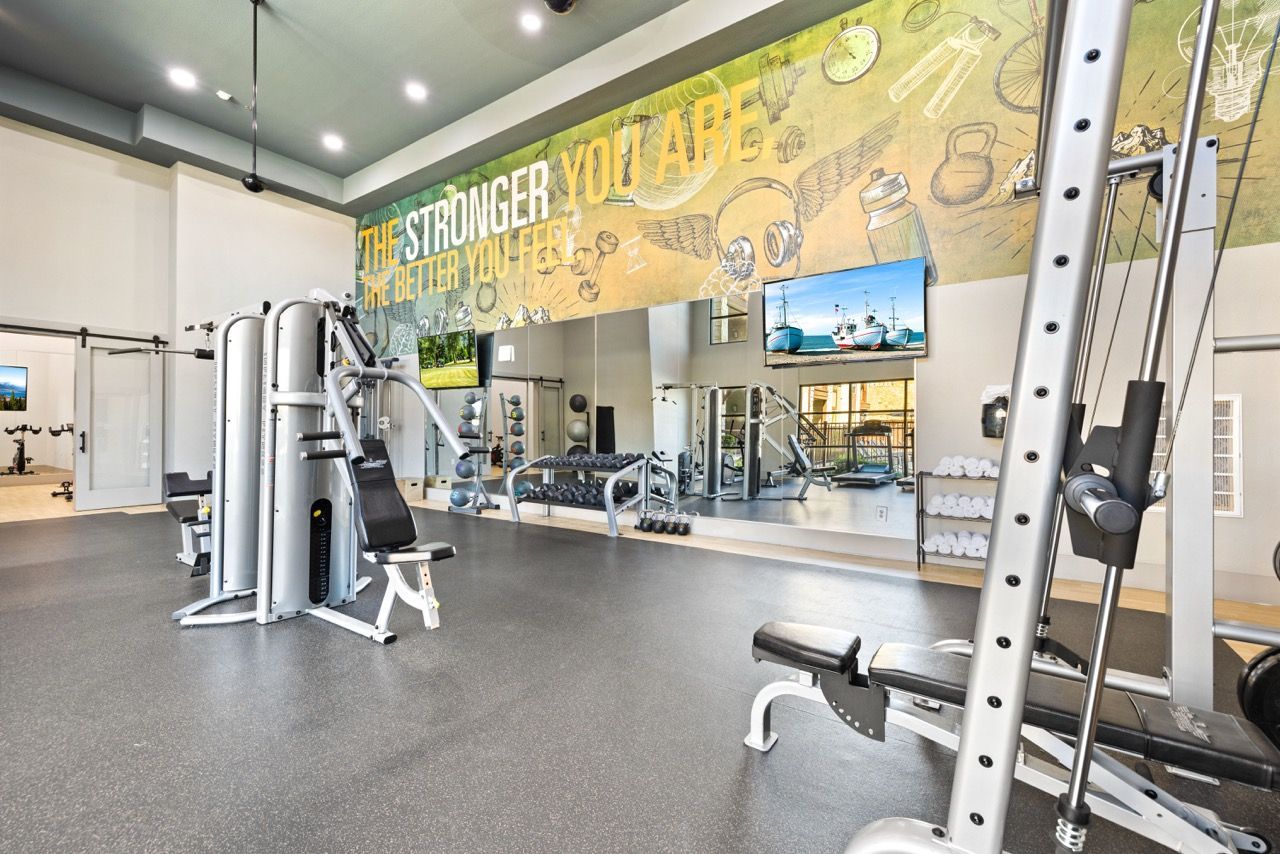 Bright fitness center with weight machines, free weights, mirrors, and a colorful wall mural at Olympus Hudson Oaks.
