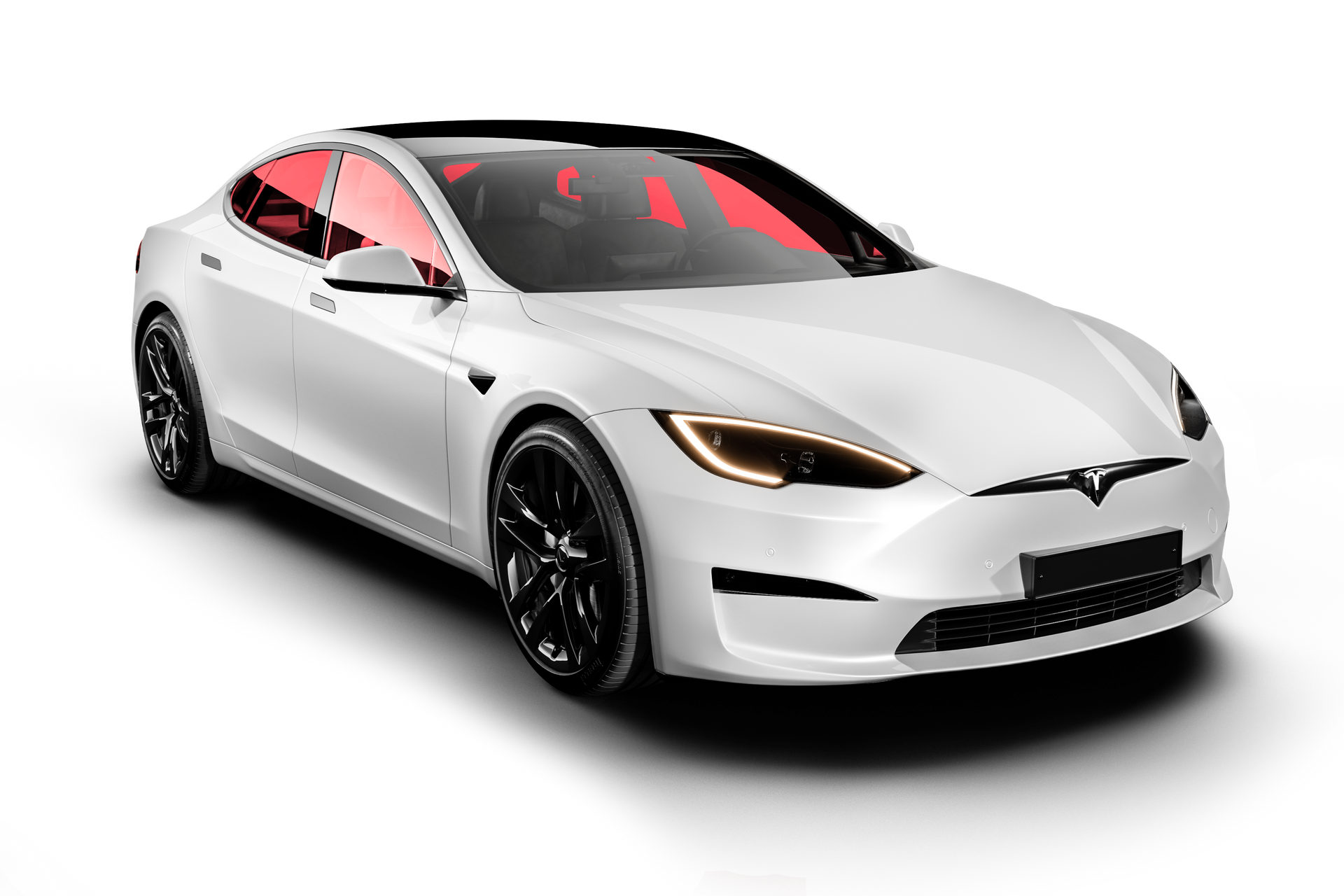 A white tesla model s with red seats on a white background.