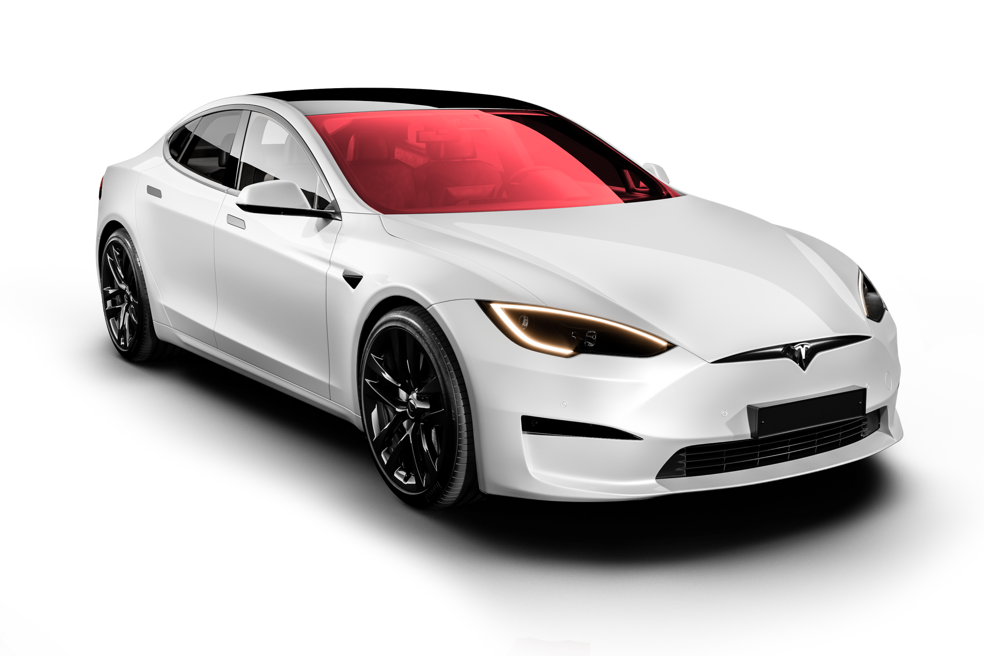 A white tesla model s with a red windshield on a white background.