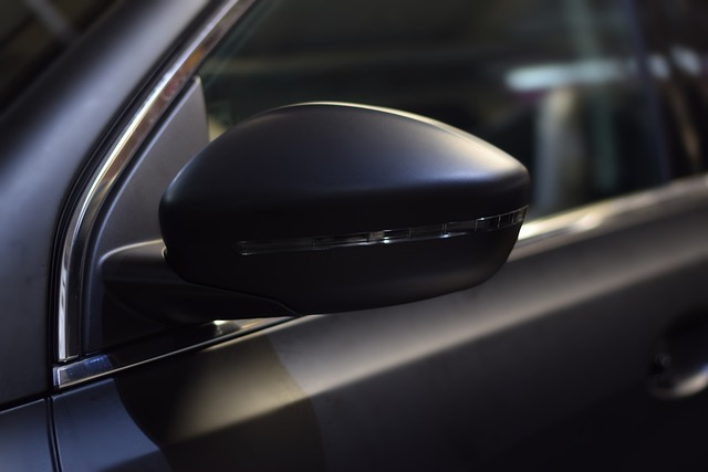 A close up of a black car 's side mirror