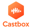 Castbox logo with an orange hexagon icon and white audio waveform. The brand name is orange below.