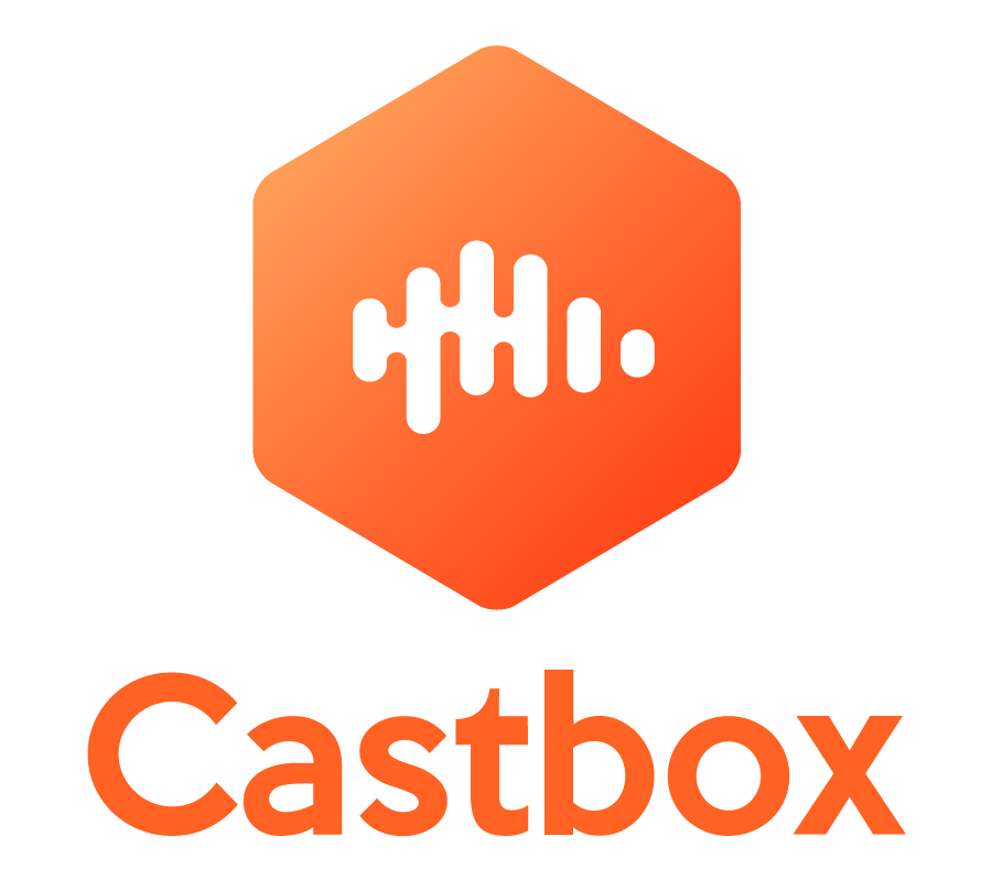 Castbox logo with an orange hexagon icon and white audio waveform. The brand name is orange below.