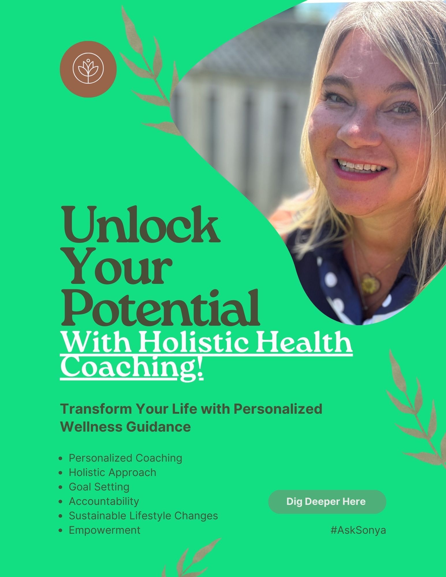 A woman is smiling on the cover of a book titled unlock your potential with holistic health coaching.