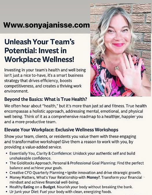 A woman is standing in front of a sign that says unleash your team 's potential invest in workplace wellness.