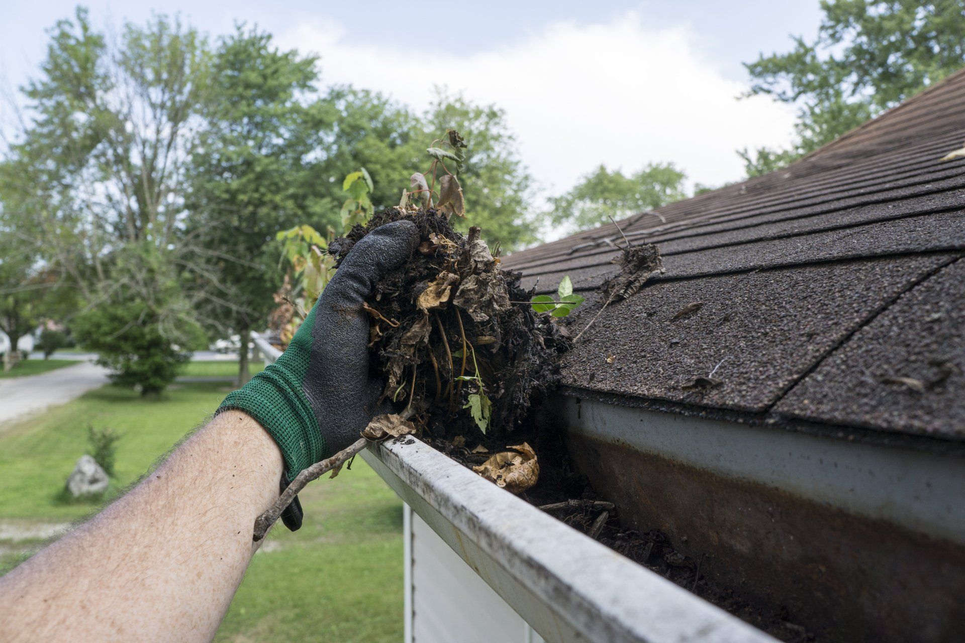 image of a hand taking wet leaves and dirt out of a gutter