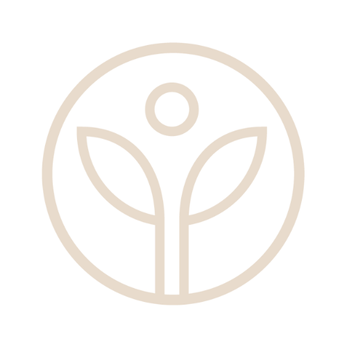 A line drawing of a plant in a circle on a white background.