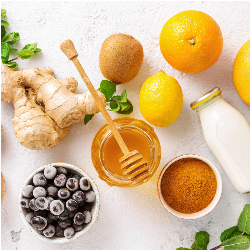 There are many different types of fruits and vegetables on the table.