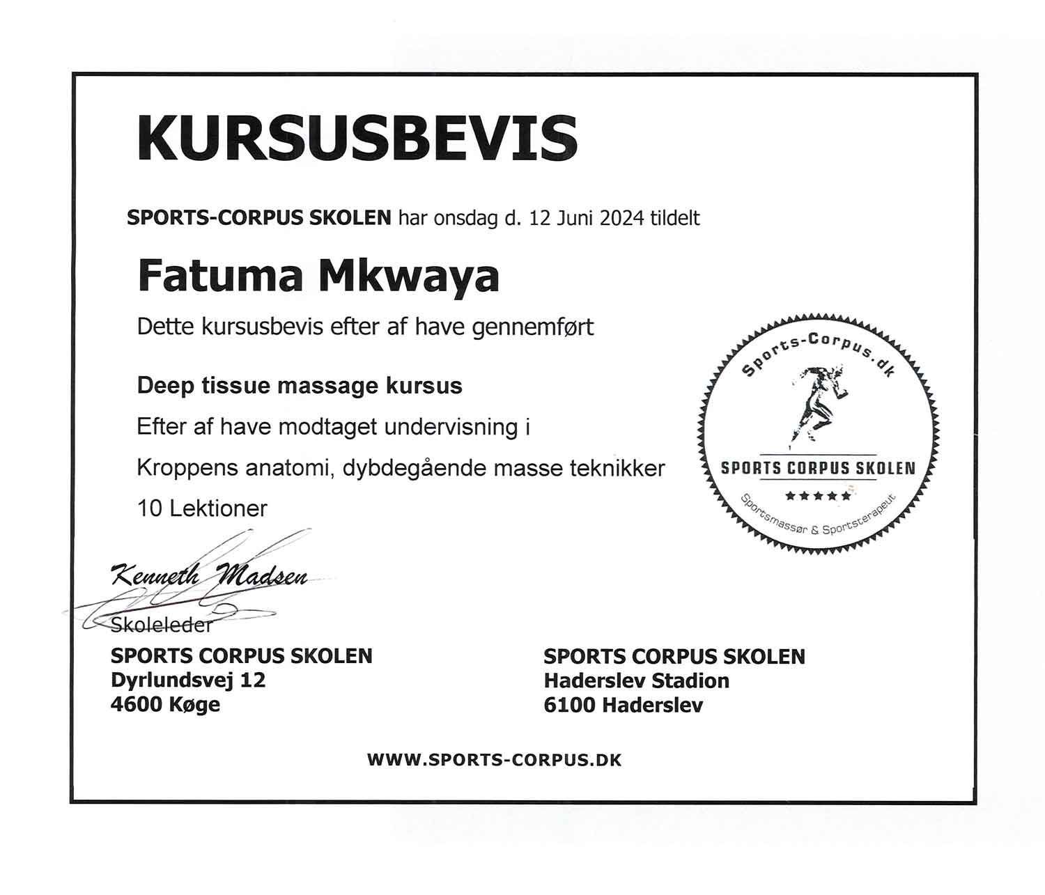 Certifikat for Fatuma Mkwaya, gennemført dybdegående massagekursus på SPORTS-CORPUS SKOLEN.