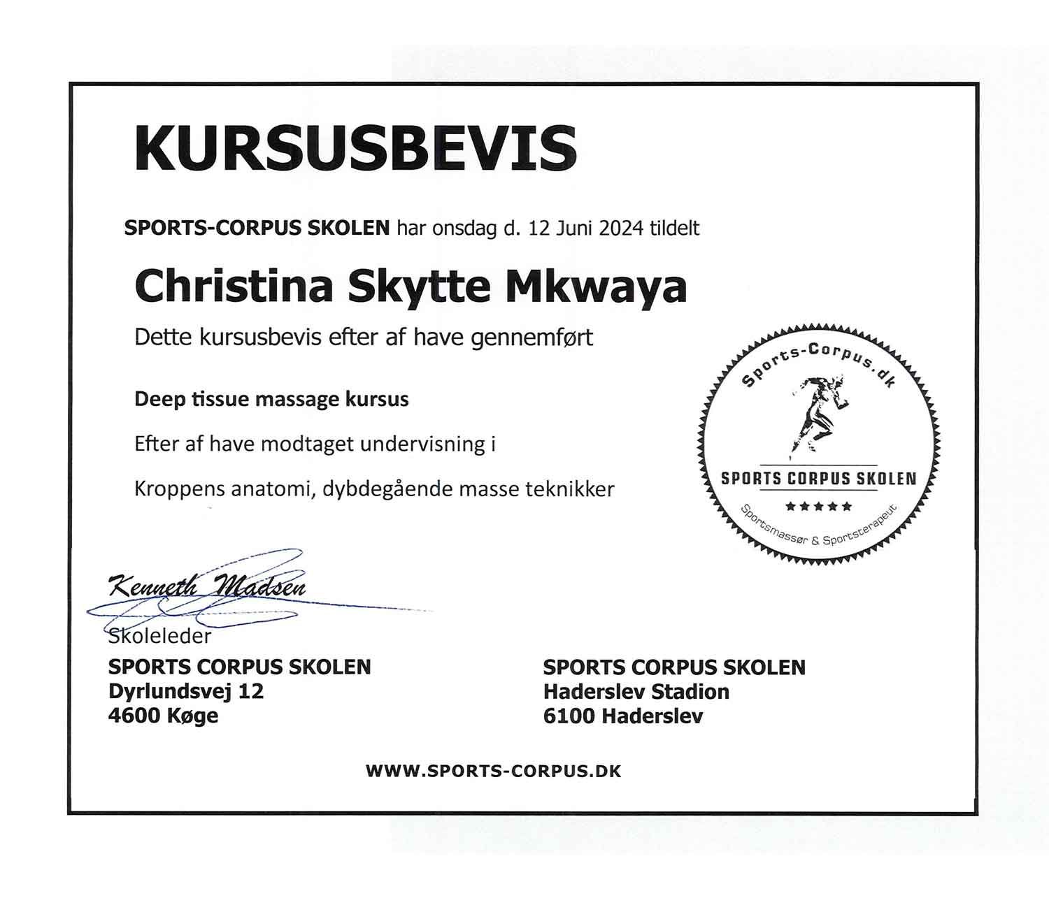 Certifikat for Christina Skytte Mkwaya fra Sports-Corpus Skolen, med tekst og stempel.