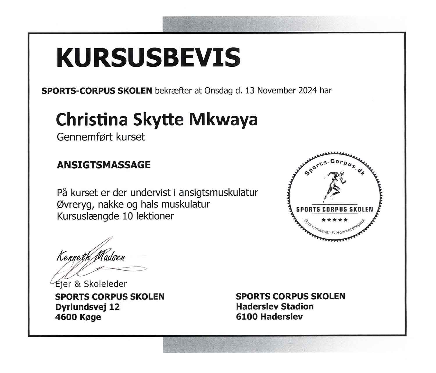 Certificate of completion for Christina Skytte Mkwaya, facial massage course, from Sports-Corpus Skolen.