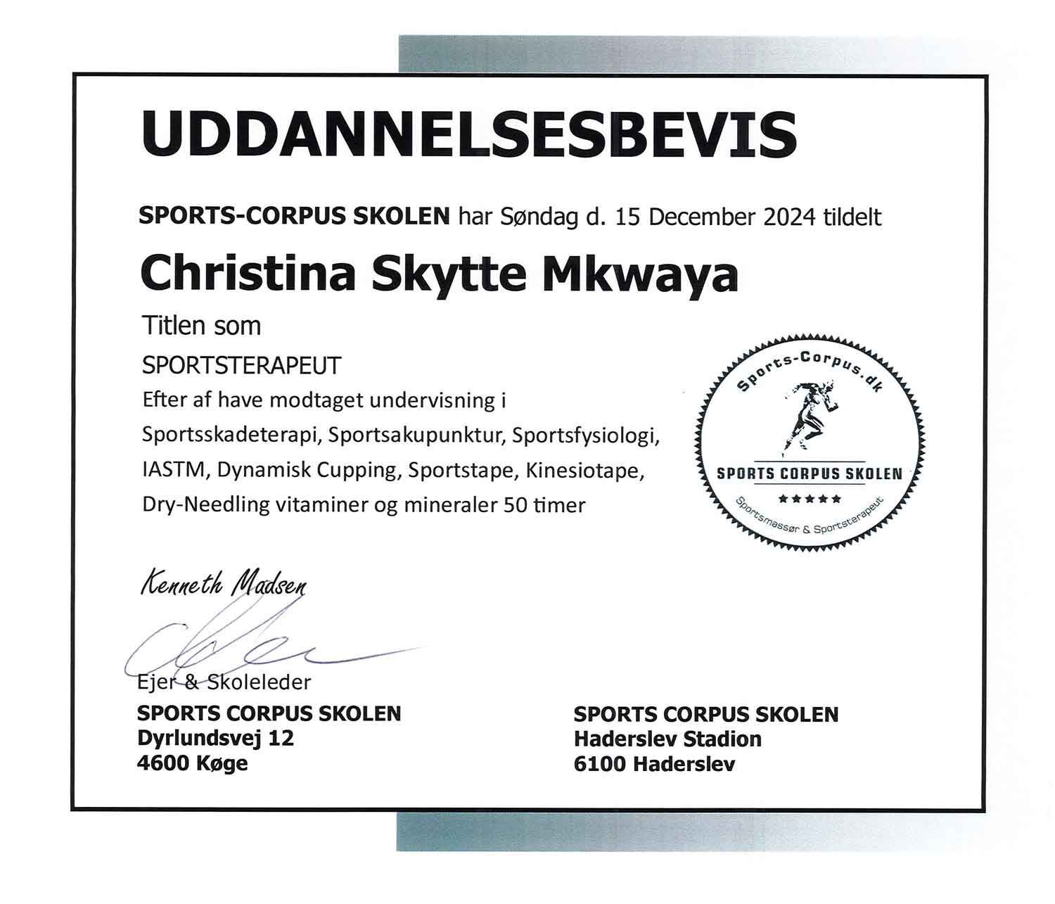 Certifikat fra Sports-Corpus School for Christina Skytte Mkwaya, med titlen 