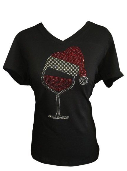 a custome t shirt of a wine glass with a santa hat on it