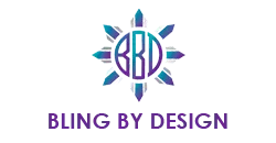 A logo for bling by design with a sun in the middle.