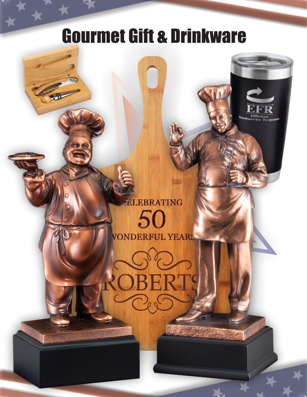A gourmet gift and drinkware display with two copper statues of chefs