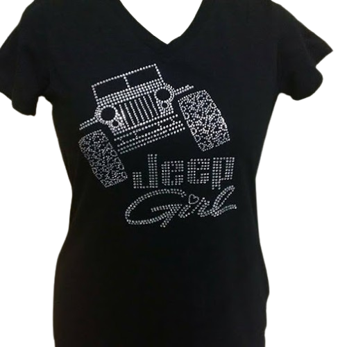a custom screen printed t shirt that says jeep girl with rhinestones