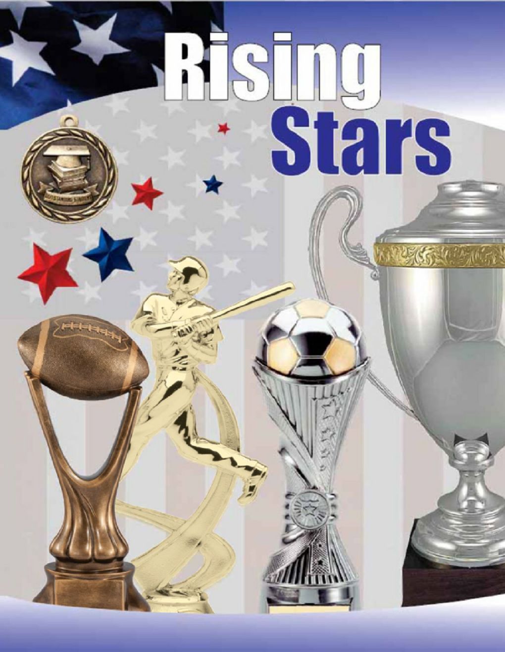 A poster for rising stars showing trophies and medals