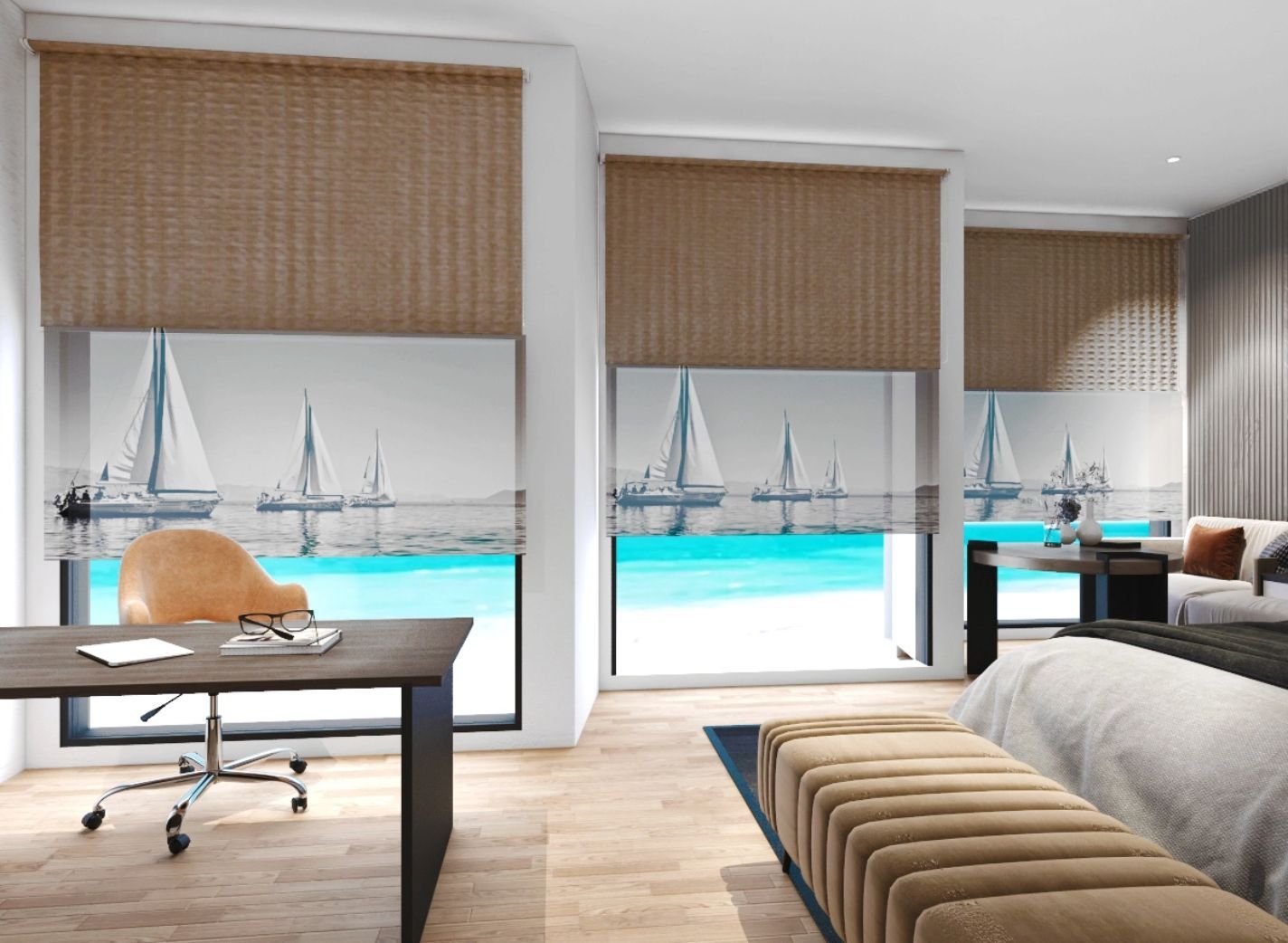 Exam room with bed, window, and chair. Exterior view of snow-covered landscape.