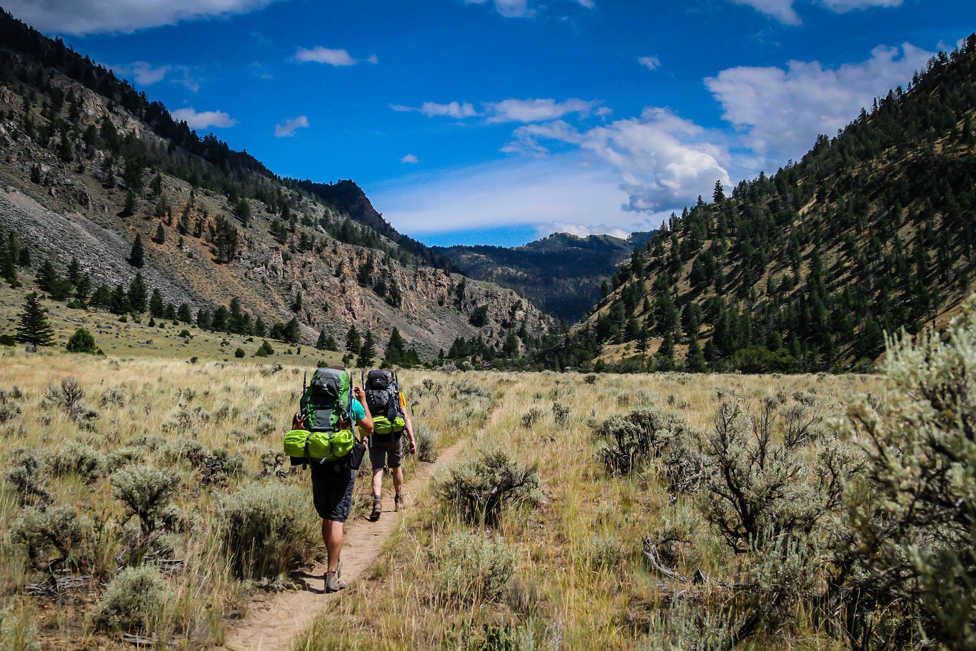 Under bright blue skies a small group of backpackers begin their journey along the Yellowstone River Trail.