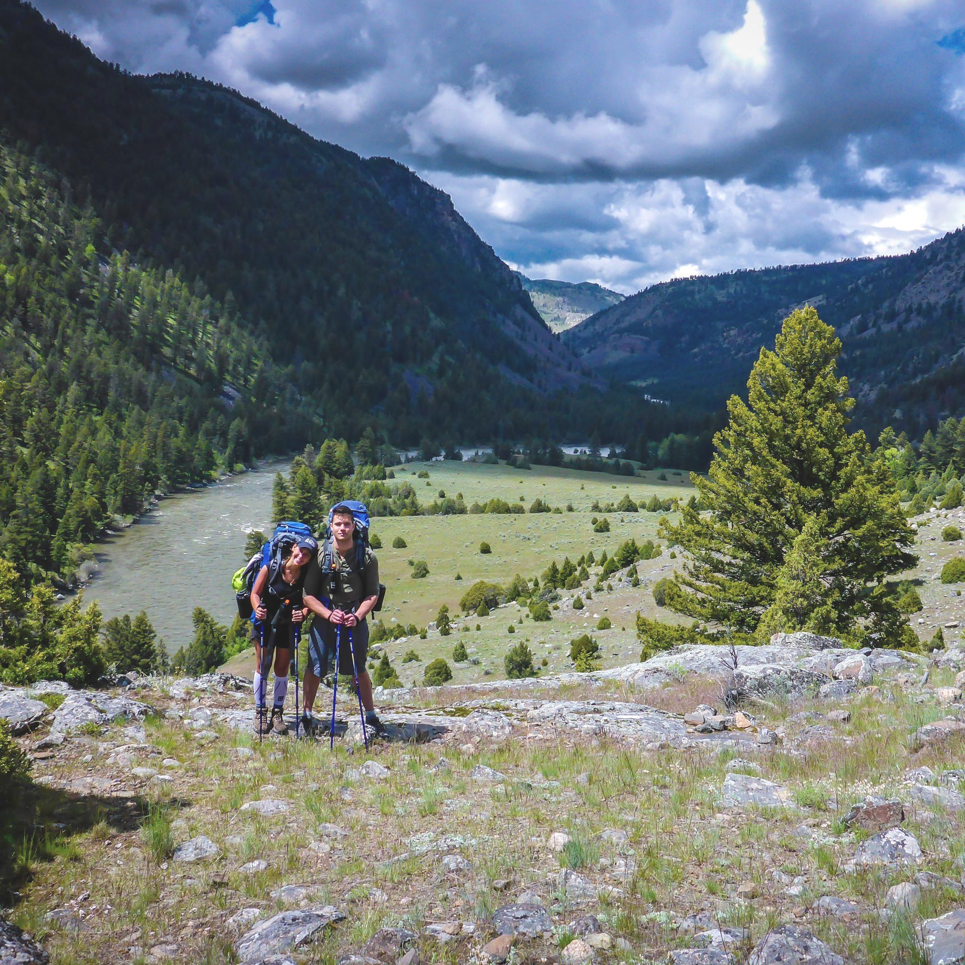 Backpackers take a break for photos along the Yellowstone River Trail.