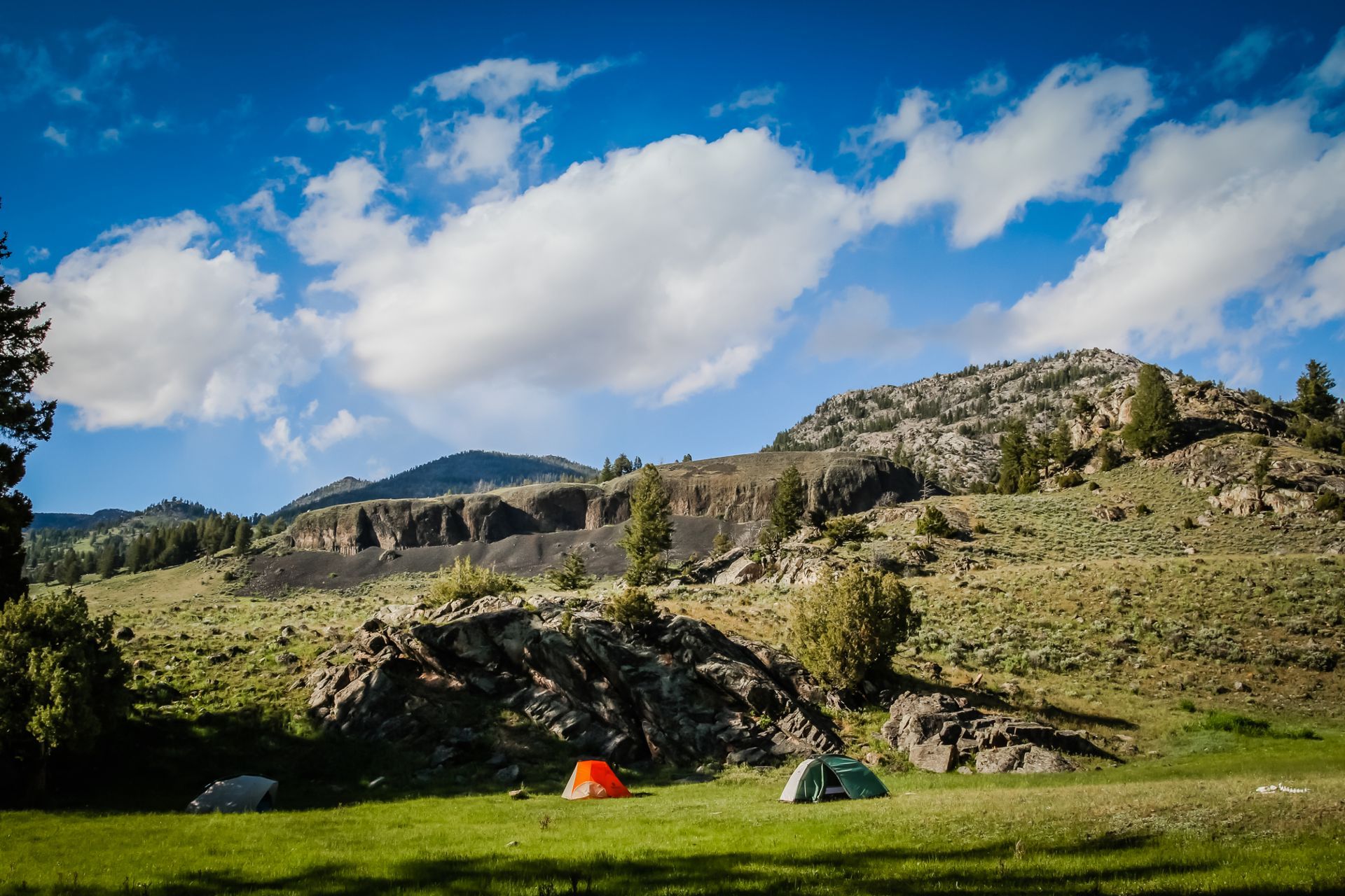 Campsite 2H3 is located in an open meadow beside the crystal clear waters of Hellroaring Creek, Yellowstone National Park.