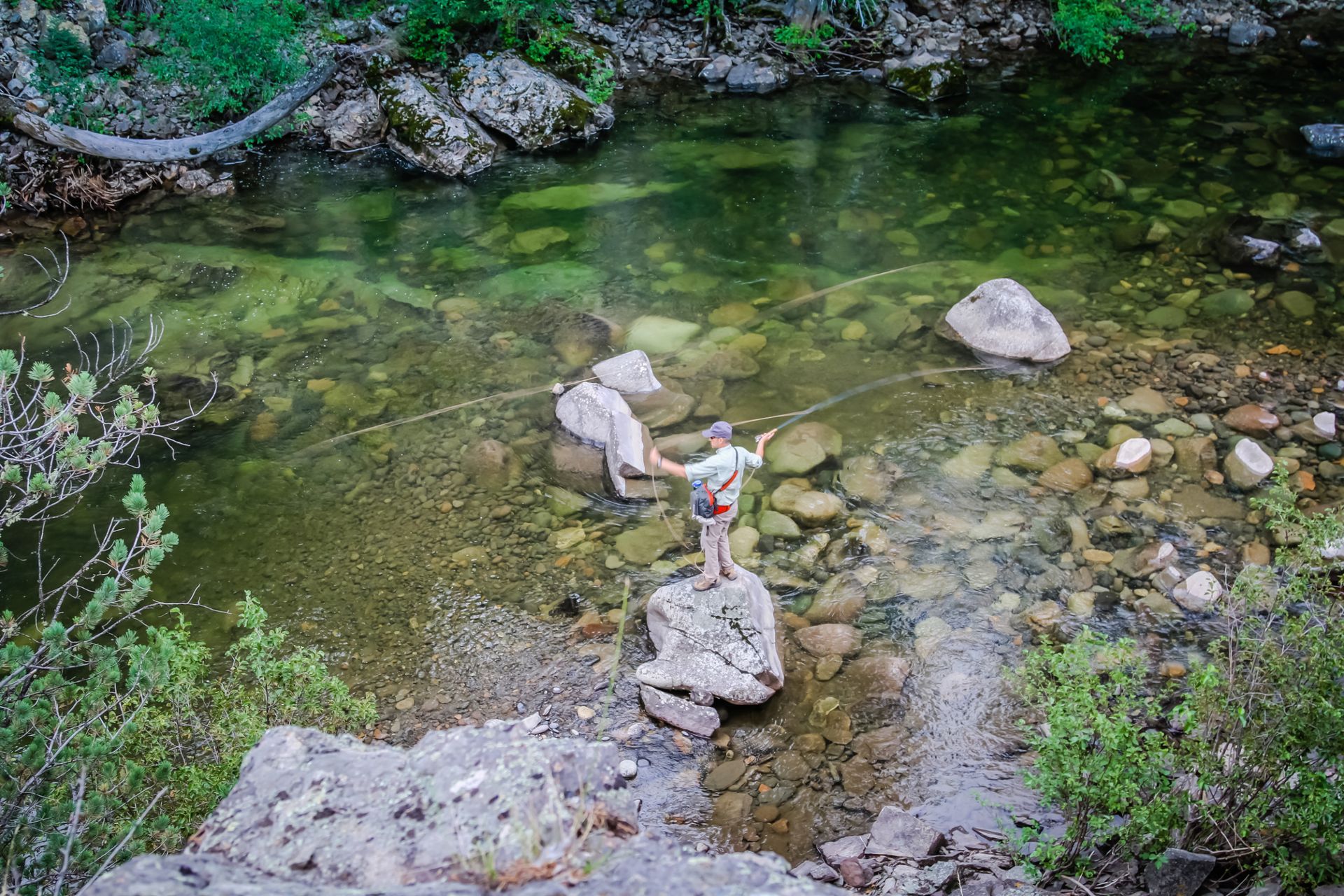 A fly fisherman casts his line into the crystal clear waters of Hellroaring Creek, Yellowstone National Park.