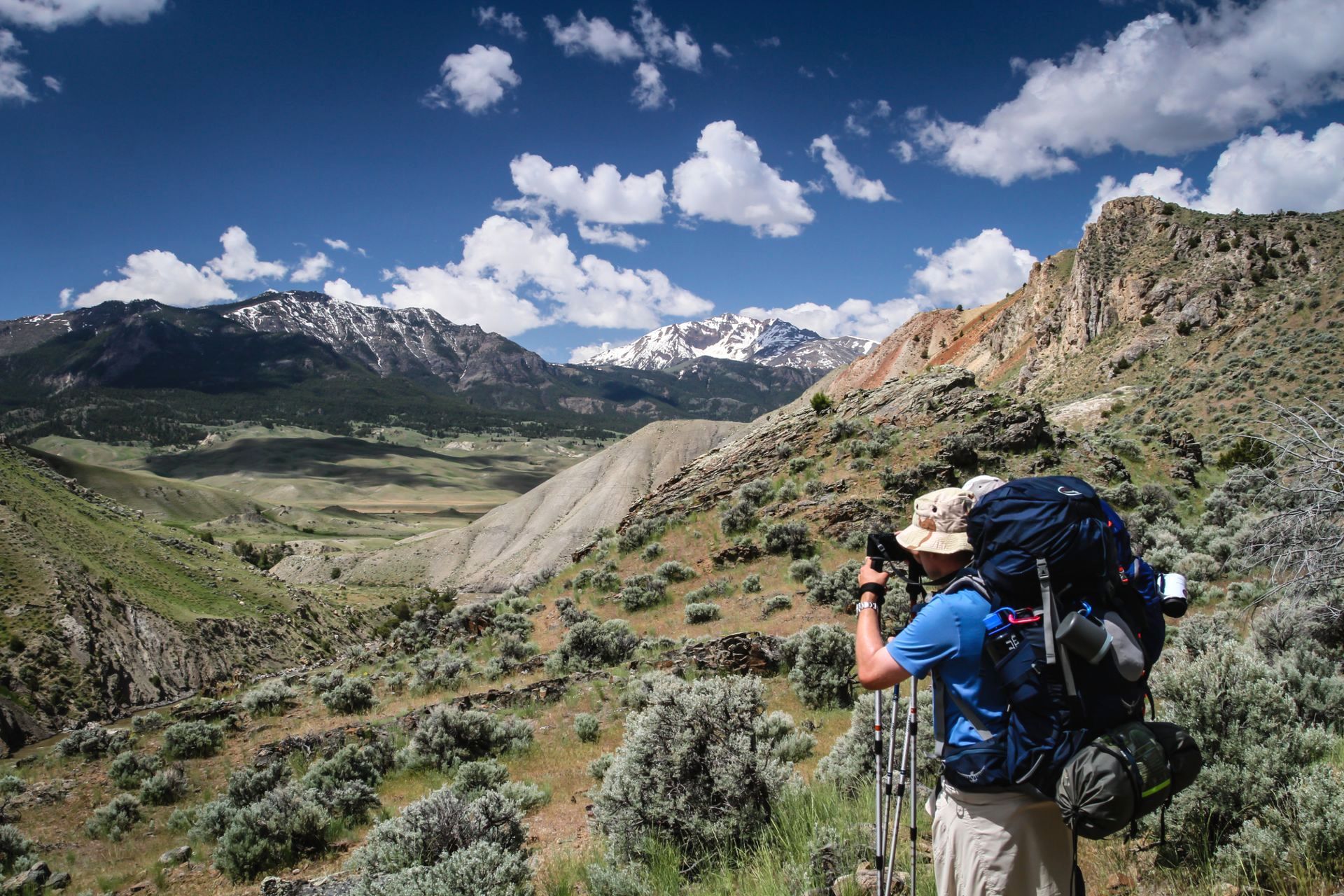 Backpackers enjoying the view of Electric Peak from the Yellowstone River Trail.
