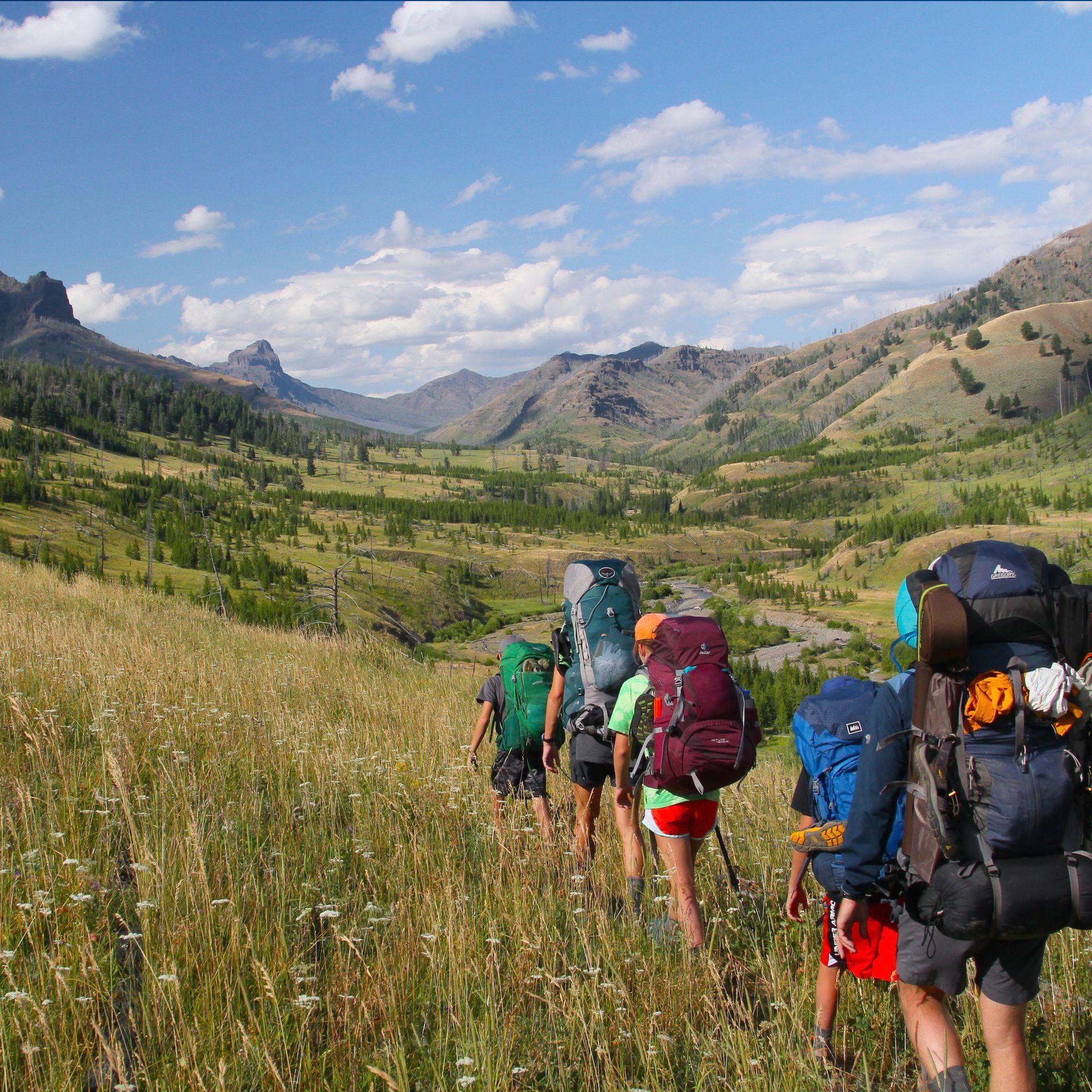 A family backpacking the Cache Creek Trail in Yellowstone.