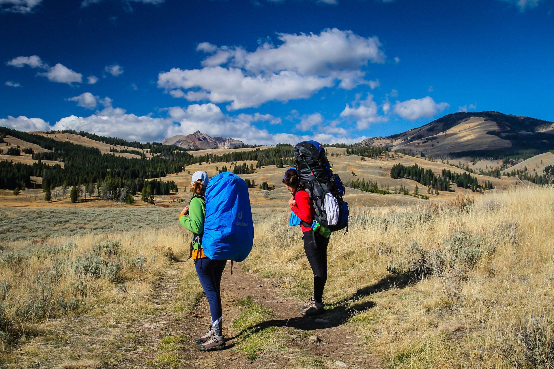 Backpackers celebrate at the Fawn Pass Trailhead. The broad face of Electric Peak dominates the skyline behind them.