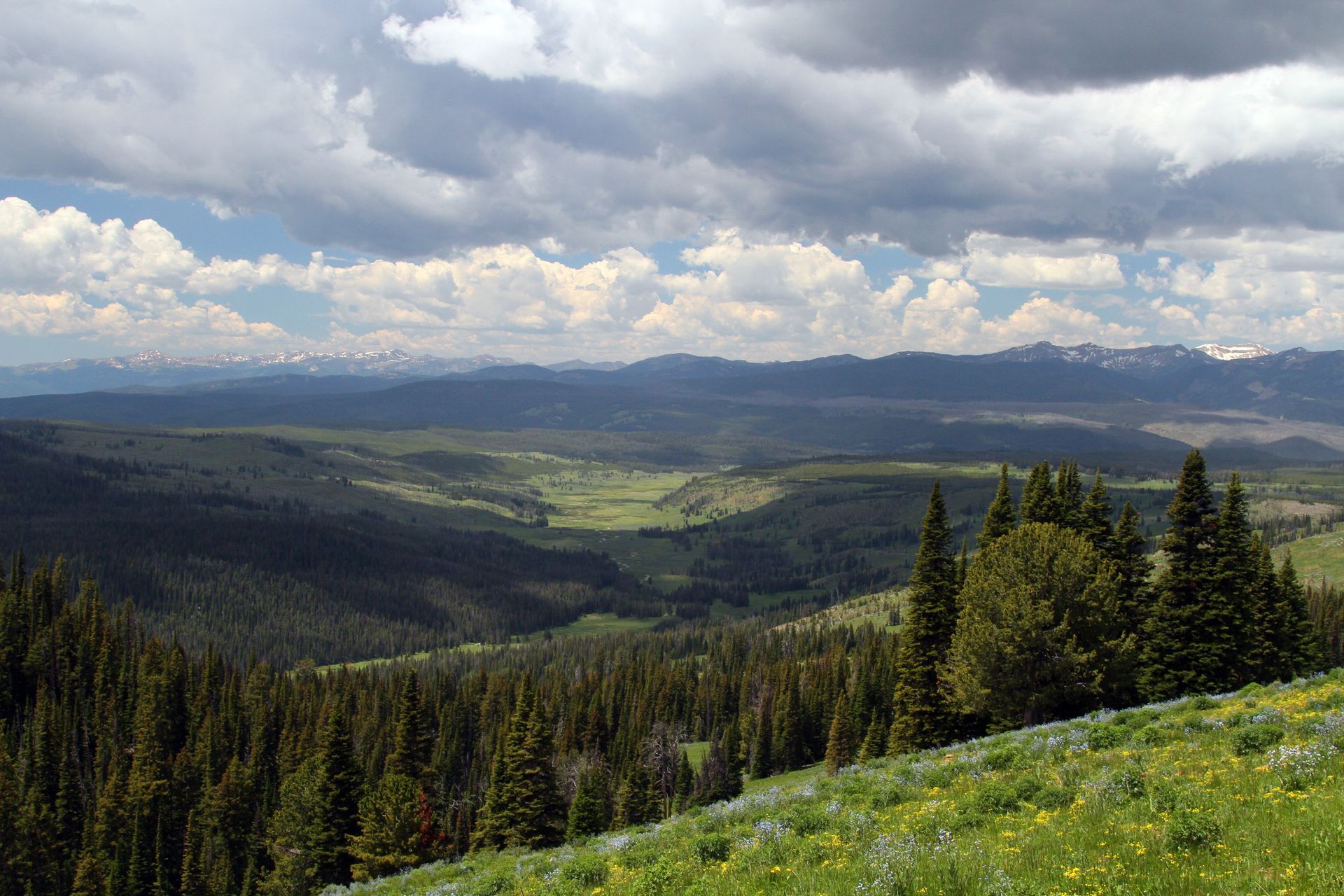 From the Fawn Pass Trail backpackers enjoy a view toward the western edge of Yellowstone National Park.