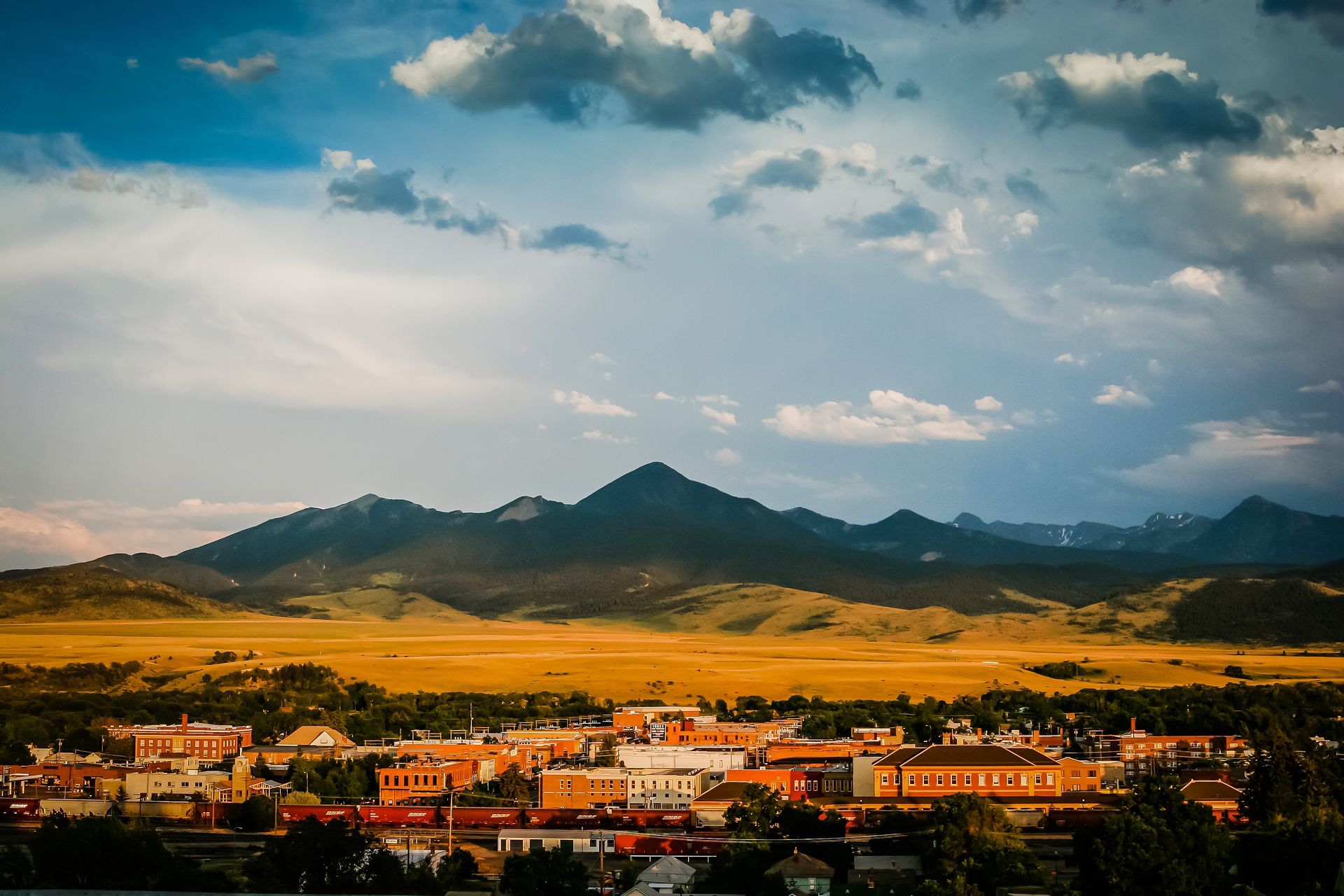 The evening sun illuminates the small town of Livingston, Montana.