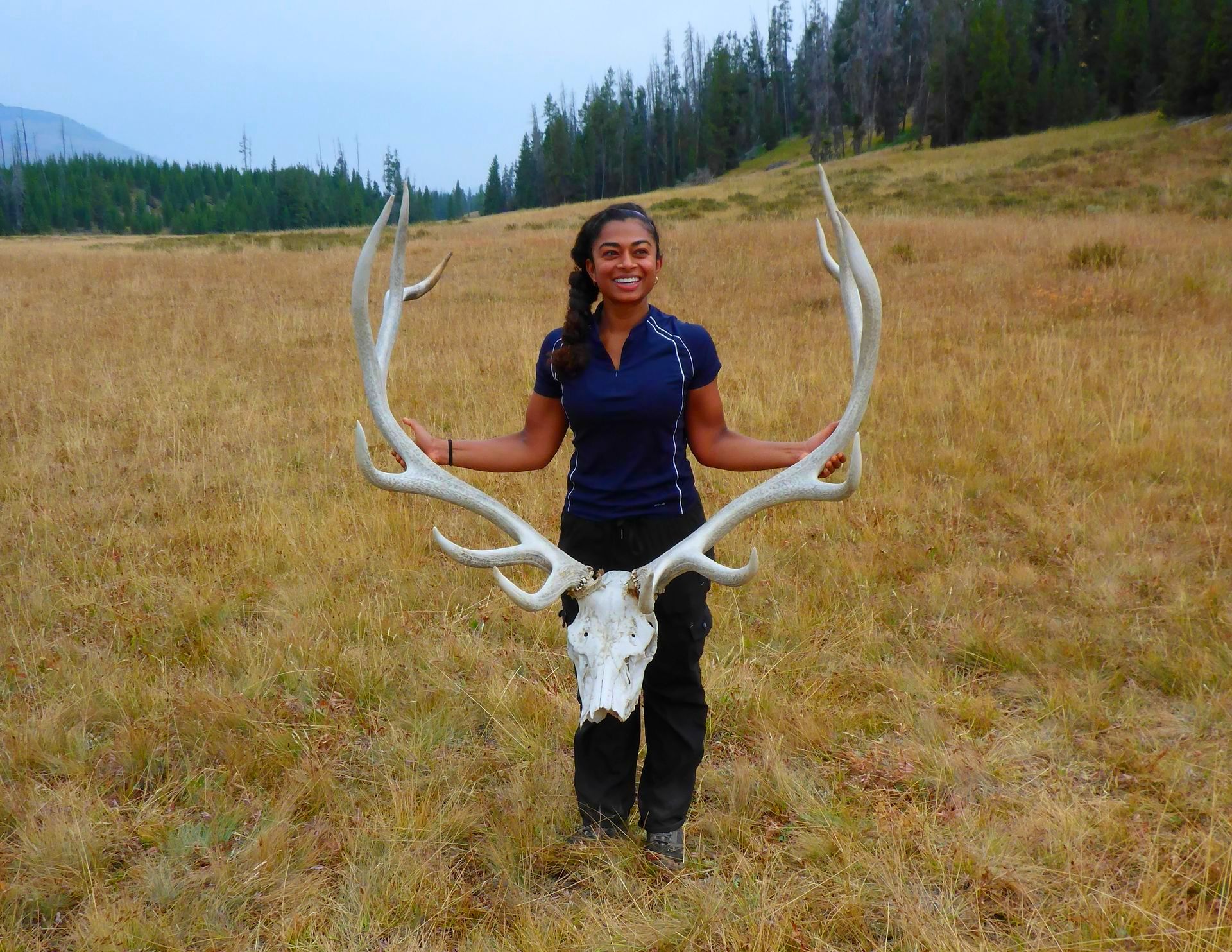 Backpacker poses with the skull and broad antlers of a bull elk.