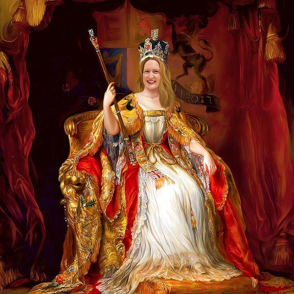 Queen in white gown and gold robe seated on a throne, holding a scepter in a red draped palace setting | Cruz-N-Carz