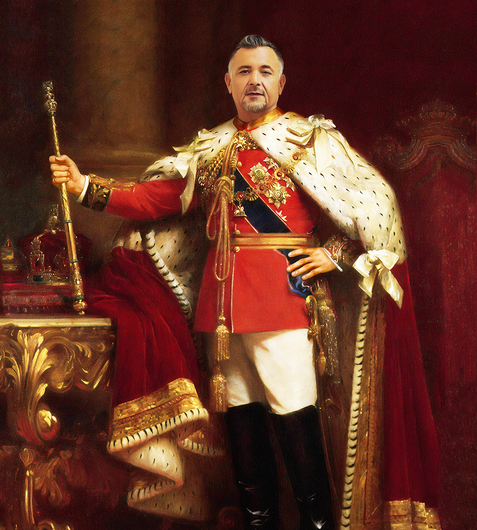 A crowned monarch in a red robe and white fur cape stands holding a scepter in a regal portrait | Cruz-N-Carz