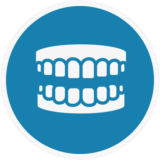 A blue circle with a white icon of a set of teeth