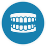 A blue circle with a white icon of a set of teeth