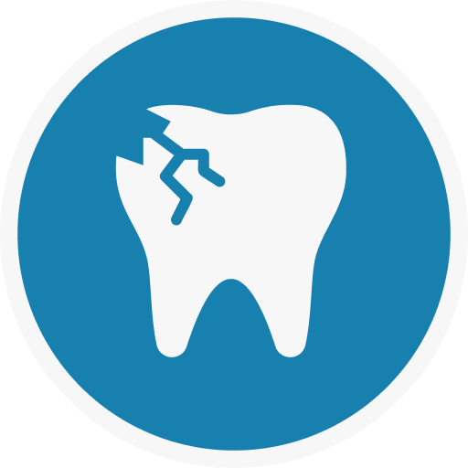 A broken tooth in a blue circle