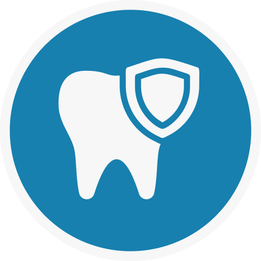 A tooth with a shield around it in a blue circle