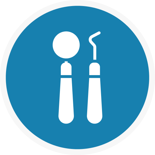 A blue circle with a dental mirror and a toothbrush inside of it