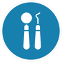 A blue circle with a dental mirror and a toothbrush inside of it