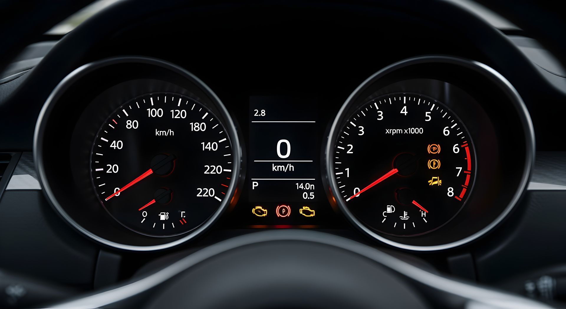 Black car dashboard showcasing auto fuel gauge repair with illuminated analog gauges Black car dashboard showcasing auto fuel gauge repair with illuminated analog gauges