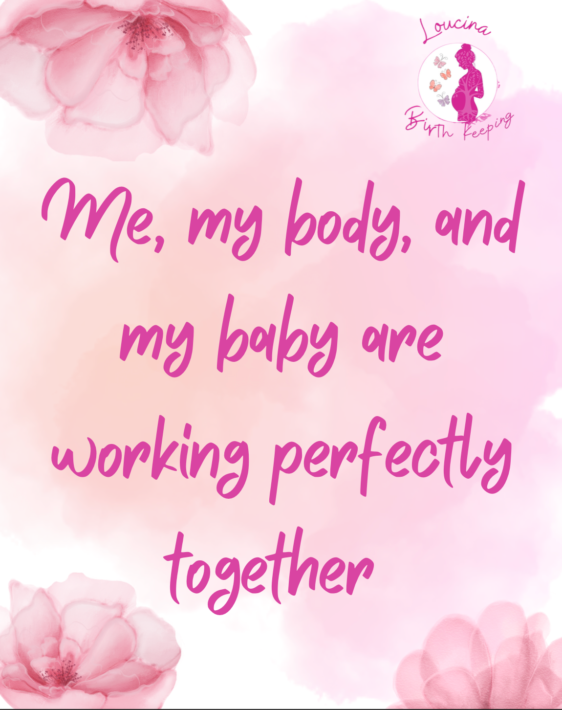 Pink text on a watercolor background: