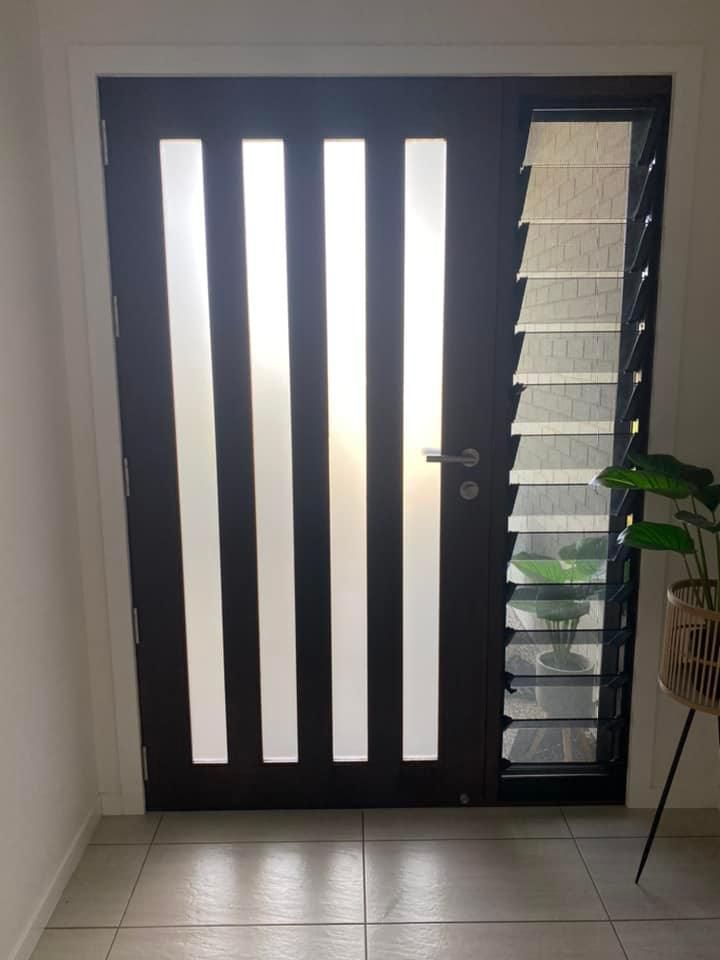 Dark Brown Front Door With Four Vertical Frosted Glass Panels — Wide Bay Tinting in Childers, QLD
