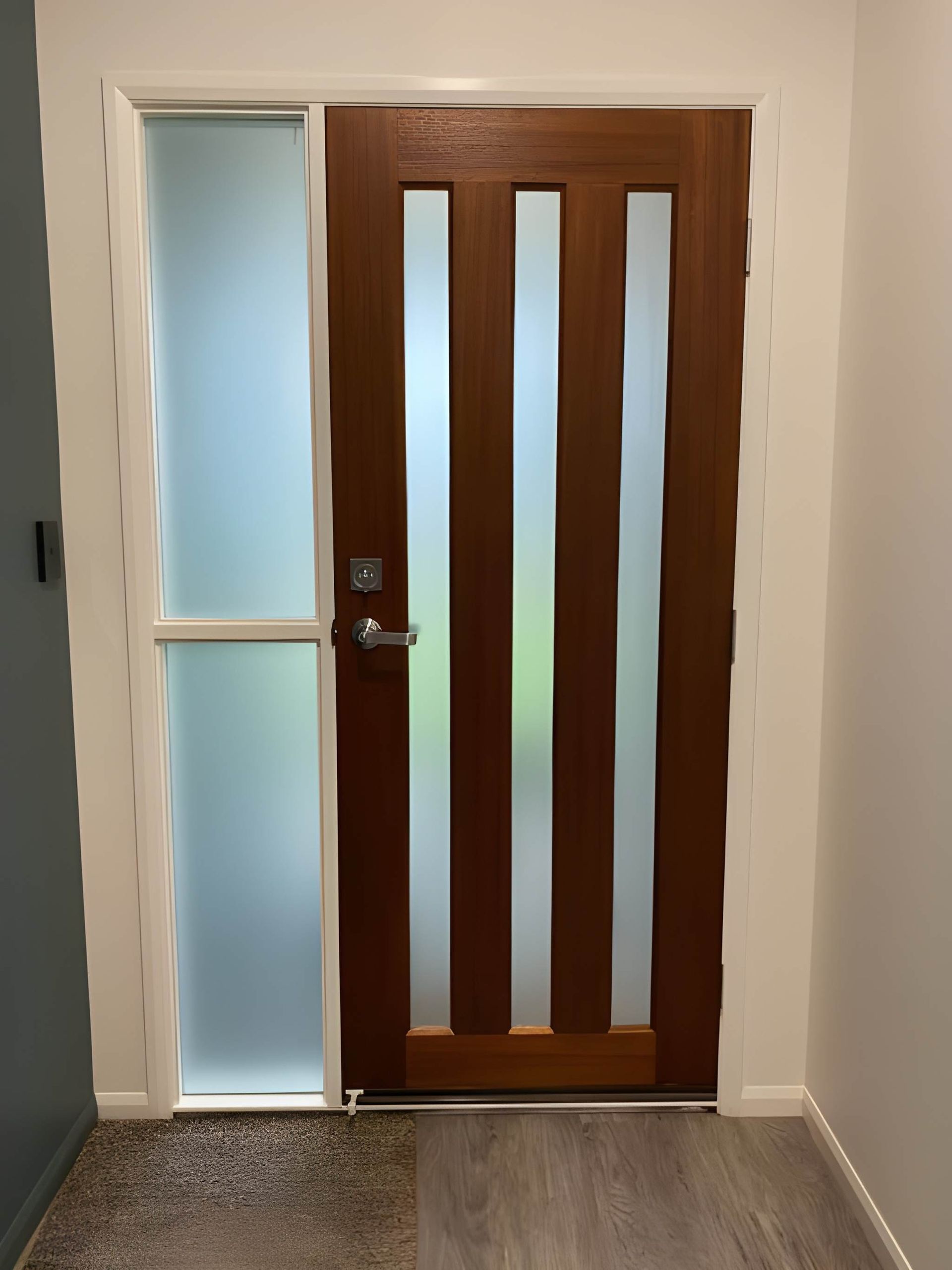 Wooden Front Door With Glass Panels, Frosted Side Window — Wide Bay Tinting in Kensington, QLD